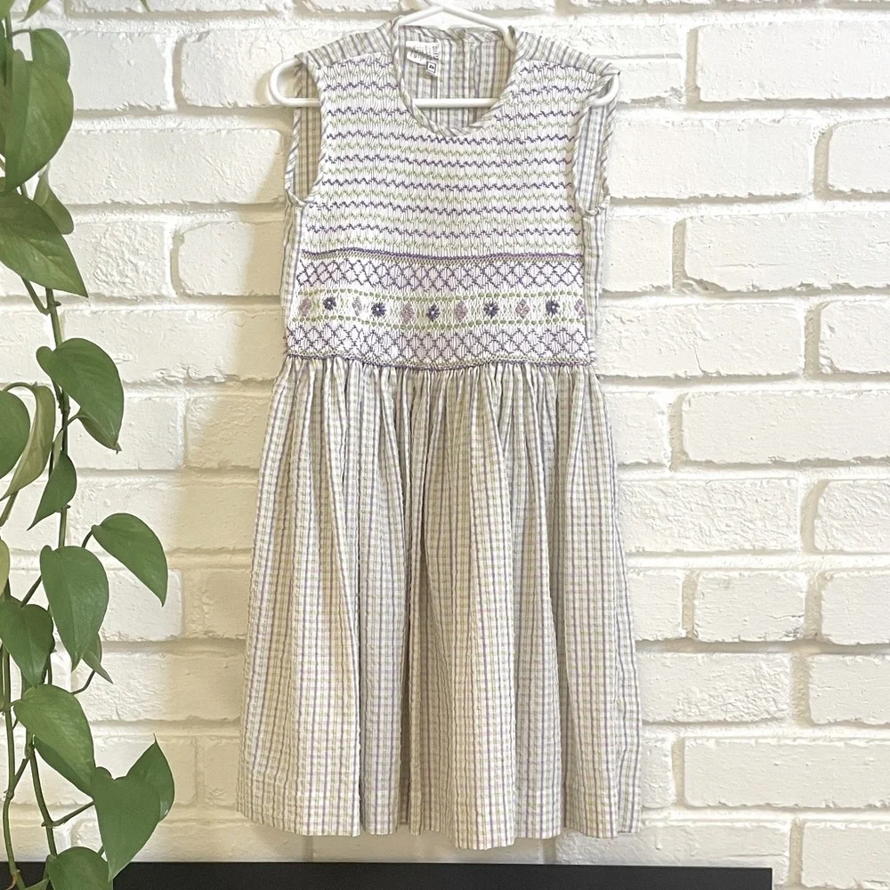 Celeste Smocked Gingham Dress. Lavender, white, green. Floral accents Size 4 EUC